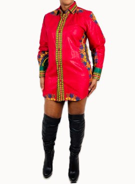 Dashiki Red Button-up Boyfriend Shirt Dress