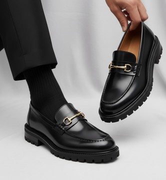 Custom-Made Men's Black Leather Loafers with Gold Hardware &amp; Chunky Sole