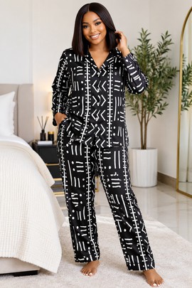 Ensemble de pyjama en satin pour femme à motifs géométriques africains | Vêtement de nuit à imprimé africain | Bynelo
