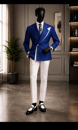 Men's Royal Blue Blazer with White Contrast Lapel and White Trousers – Two-Piece Formal Suit Set