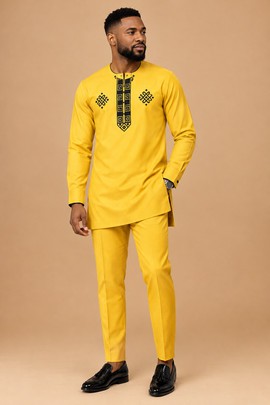 Men’s Mustard Yellow African Native Two-Piece Outfit with Black Embroidery
