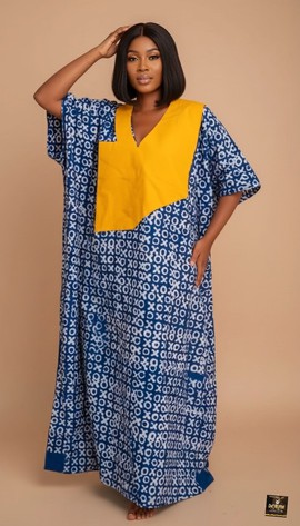 Kaftan maxi Adire avec des accents moutarde