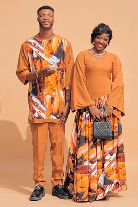 Stylish Couples’ Coordinated Attire - Contemporary Abstract Top &amp; Flowing Maxi Skirt