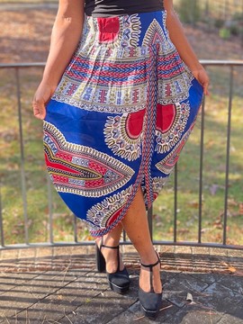 Jupe mi-longue cocon fendue multicolore bleue Ankara à imprimé africain