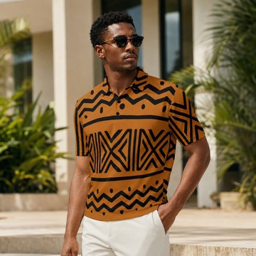 African Abstract Mudcloth Print Men's Heavyweight Polyester Polo Shirt | Bynelo