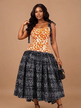 Robe midi en batik à bretelles à nouer