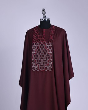 A burgundy, Connected inverted cube -layered 3D embroidery design Agbada