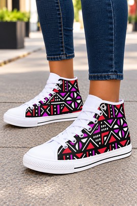 Tribal Bogolan Women's Classic High Top Canvas Shoes Pink | African Mudcloth High Top Sneakers