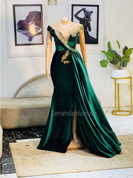 Long Green velvet dress with train, prom gowns , African women dresses