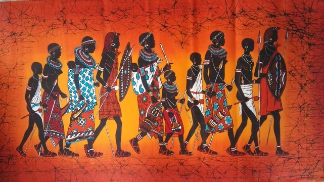 Tentures murales masaï en batik faites à la main – Décoration d’art tribal africain (36x18") Batik sur la migration masaï
