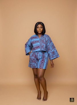 Ensemble deux pièces short Adire indigo à motifs spirales