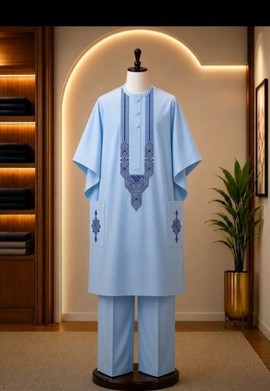 Blue Agbada Kaftan Set with Red Embroidery |