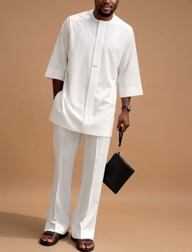 Ensemble de sénateur blanc – Tenue homme 2 pièces avec tunique à manches larges et pantalon décontracté