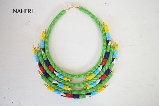 African Beaded Necklaces | 3 in 1 Multicolored Green Necklace | African Tribal Jewelry