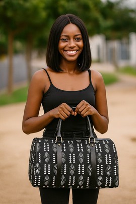 African Duffel Leather Bag for Travel Black and White