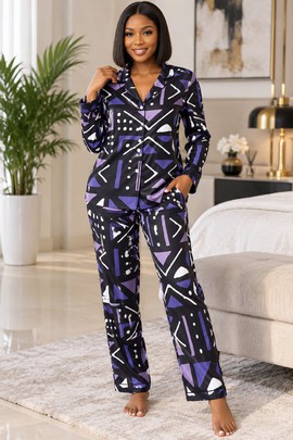 African Tribal Mudcloth Women's Satin Pajama Set | Mudcloth Sleepwear | Bynelo