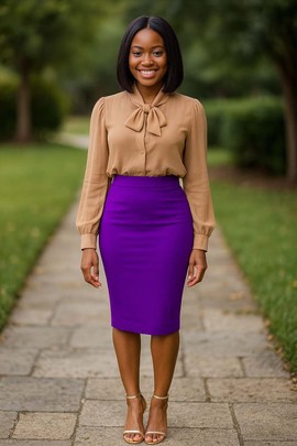 Purple Pencil Skirt Cotton Midi - Classic Office Chic