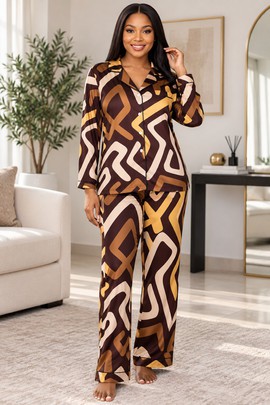 Ensemble de pyjama en satin pour femme à motif géométrique Kuba