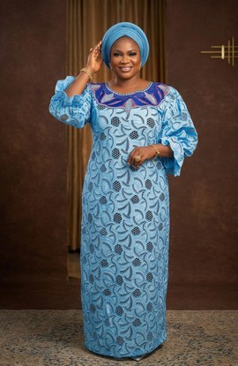 Sky Blue Swiss Voile Lace Bubu Gown with Embroidered Neckline &amp; Matching Gele