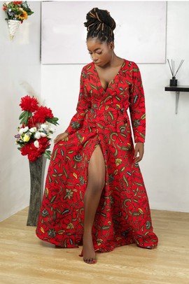 Robe portefeuille à imprimé africain (rouge)