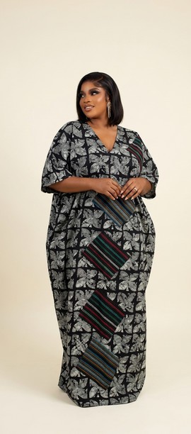 Black &amp; White African Print Kaftan Maxi Dress | Floral Tile Boubou Gown Women | Owambe