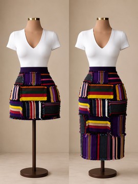 Jupe Aso-Oke patchwork multicolore pour femme avec bordure à franges – Jupe traditionnelle ajustée en tissu violet