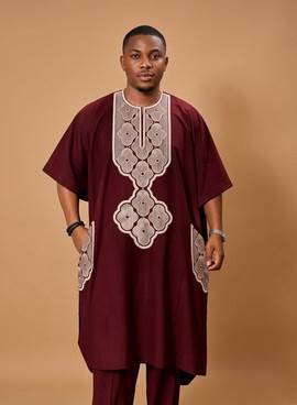 Ensemble Agbada bordeaux brodé à manches courtes