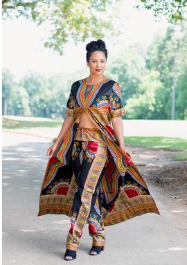 Ankara Black Multicolor Dashiki Duster and Pants Set