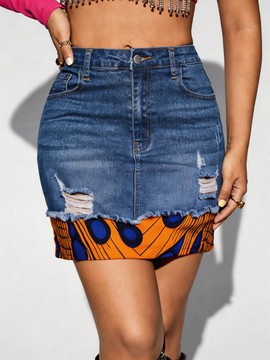 Denim Jean Skirt with Handmade Ankara Patches