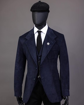 A Velours Côtelé Bleu Marine, revers cranté, poche plaquée Costume 2 boutons