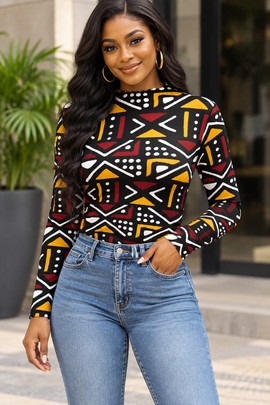 T-shirt en résille à motifs géométriques tribaux africains pour femme | Mode imprimé africain | Bynelo