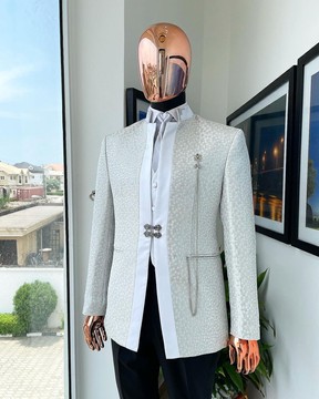 A White &amp; Silver Metallic circle pattern jacquard Suit