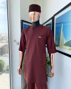 A cinnamon brown, 3/4 sleeve kaftan, Swarovski buttons flap &amp; layered egg plant embroidery kaftan