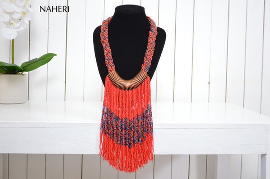 African beaded fringe necklace multicolor neckpiece. Gift for her