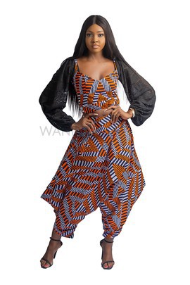 Top court imprimé africain et sarouel, haut à manches bouffantes Ankara et pantalon entrejambe tombante