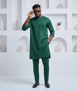Premium Men’s Senator Wear – Luxury 3-Quarter Green Kaftan Set for Formal &amp; Traditional Occasions