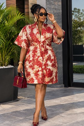 Women's Red &amp; Cream Floral Brocade Mini Dress – Button Front Kimono Sleeve Dress