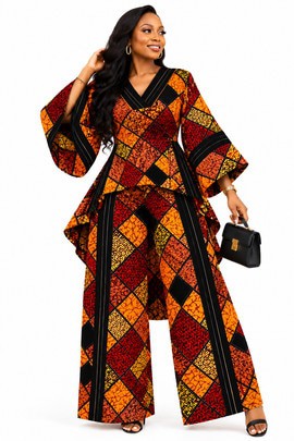 Bold Ankara Elegance: Red, Orange &amp; Black Luxury Two-Piece Set