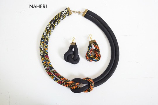 African print rope necklace and earrings set. Ankara print fabric jewelry