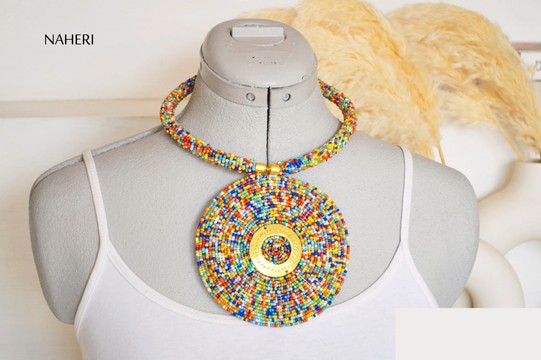 African beaded disc necklace with brass decor