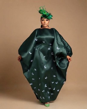 Emerald Green Mikado Butterfly Embellished Boubou Kaftan Dress