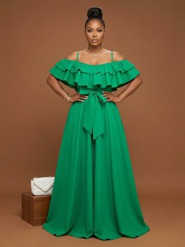 Robe longue à épaules dénudées, double volant et taille à nouer