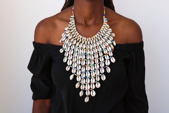 African beaded cowrie shell necklace, African tribal necklace, Elegant necklace, Boho necklace