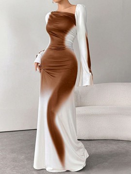 Robe longue moulante de soirée pour femme, imprimé ombré marron et blanc – épaules dénudées, manches longues