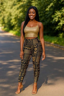Leggings pour femme à imprimé bogolan africain | Noir et doré
