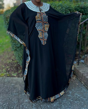 Handmade Black Chiffon Kaftan Maxi Dress with Tribal Print - Elegant Ethnic Boho Outfit for Women