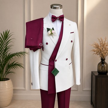 Blazer croisé blanc et bordeaux pour homme avec pantalon – Costume habillé contrasté deux pièces