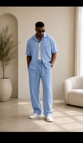 Men's Sky Blue Cotton Crinkle Shirt &amp; Wide-Leg Trousers Set