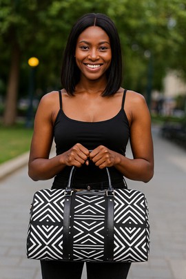 African Leather Bag for Travel Zigzag Black and White Print
