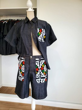 "ENSEMBLE MIXTE SHORT CHEMISETTE JEANS NOIR CUSTOMISES WAX RASTA"
